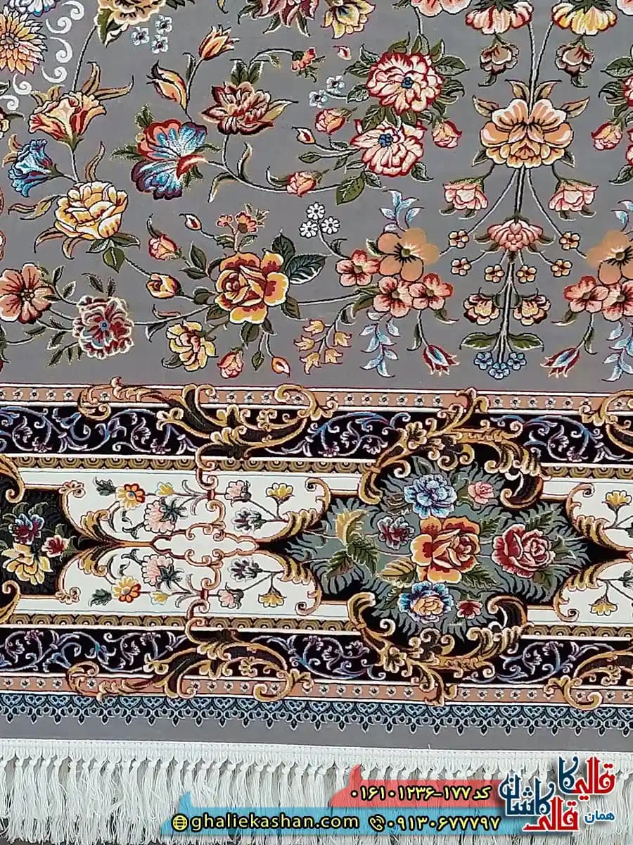 فرش کلاسیک 1200 شانه طرح افشان کیمیای سعادت رنگ طوسی نقره ای کاشان — تصویر ۵