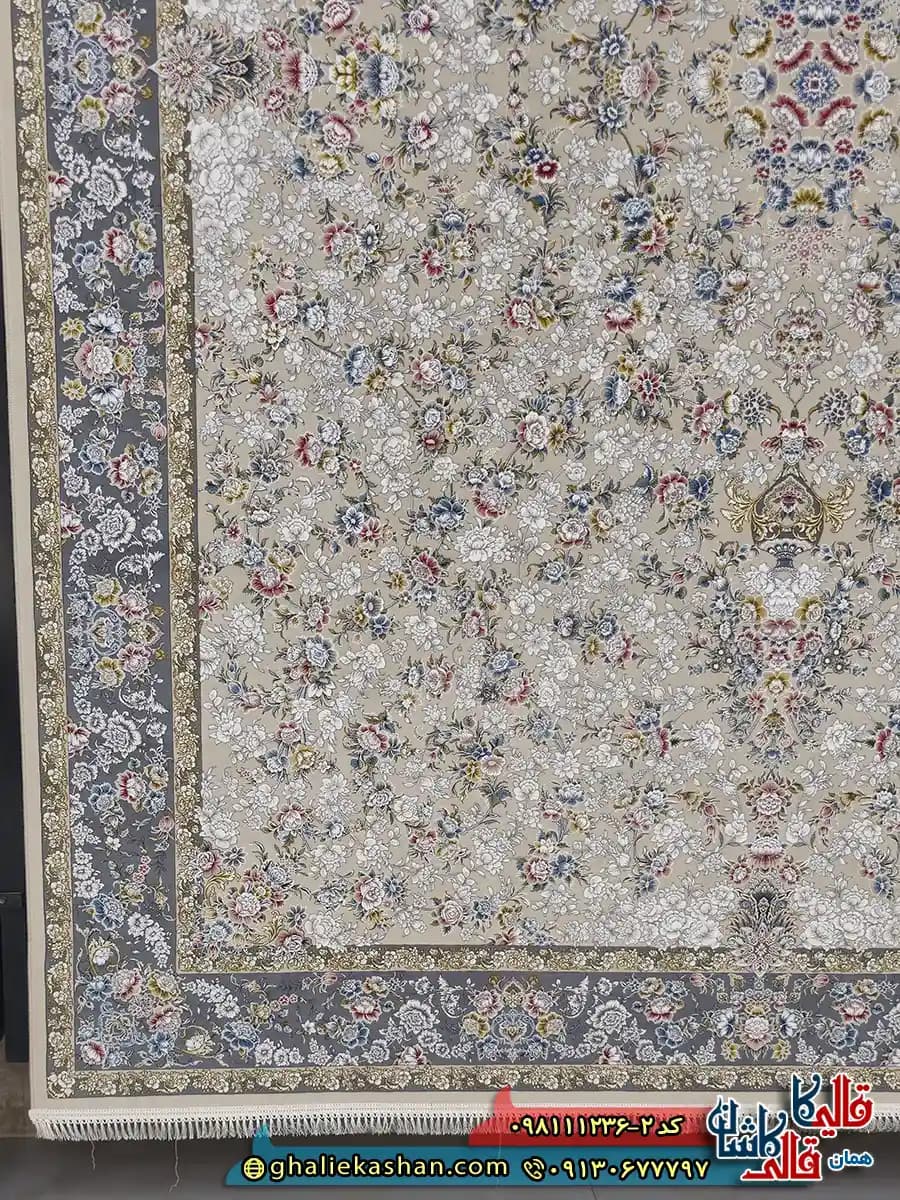 فرش 1200 شانه طرح افشان سیمین رنگ کرم گل برجسته کاشان — تصویر ۳