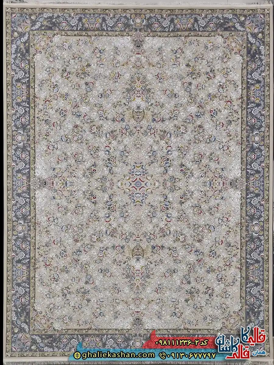 فرش 1200 شانه طرح افشان سیمین رنگ کرم گل برجسته کاشان — تصویر ۲
