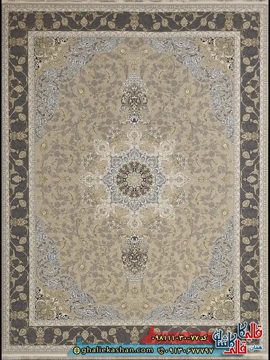 فرش طلاکوب 1000 شانه طرح یکتا رنگ بژ گل برجسته کاشان