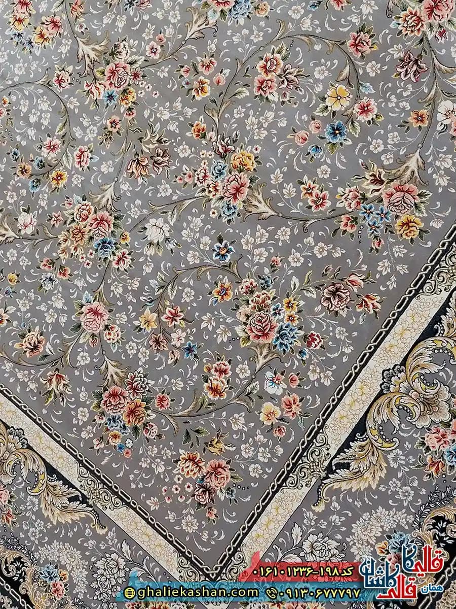 فرش کلاسیک 1200 شانه طرح افشان لی لی رز رنگ طوسی نقره ای کاشان — تصویر ۸
