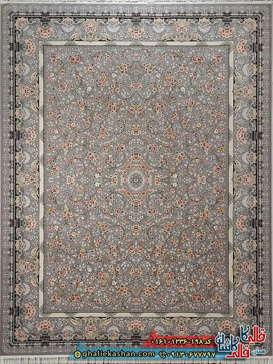 فرش کلاسیک 1200 شانه طرح افشان لی لی رز رنگ طوسی نقره ای کاشان — تصویر ۲