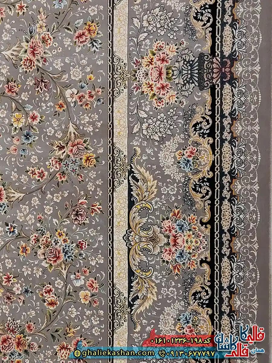 فرش کلاسیک 1200 شانه طرح افشان لی لی رز رنگ طوسی نقره ای کاشان — تصویر ۵