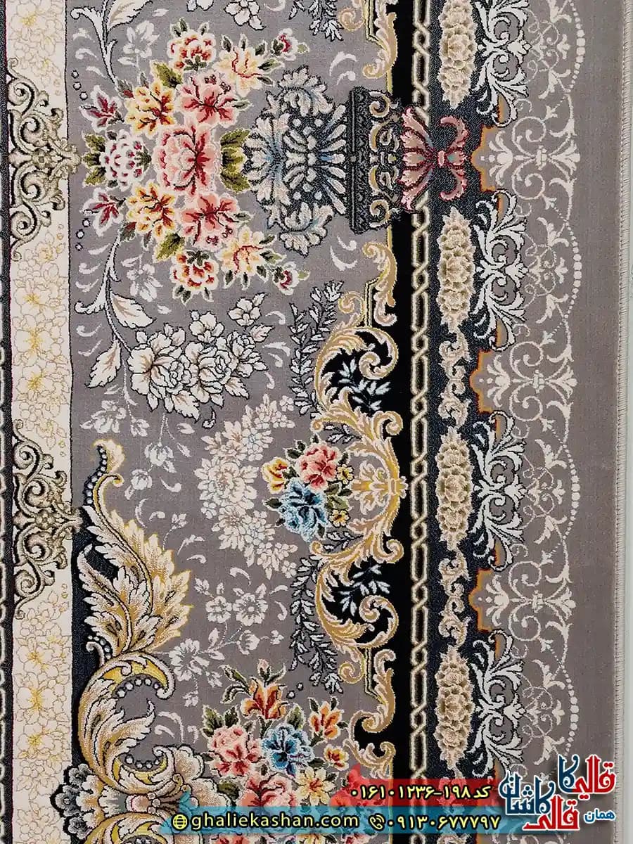 فرش کلاسیک 1200 شانه طرح افشان لی لی رز رنگ طوسی نقره ای کاشان — تصویر ۶
