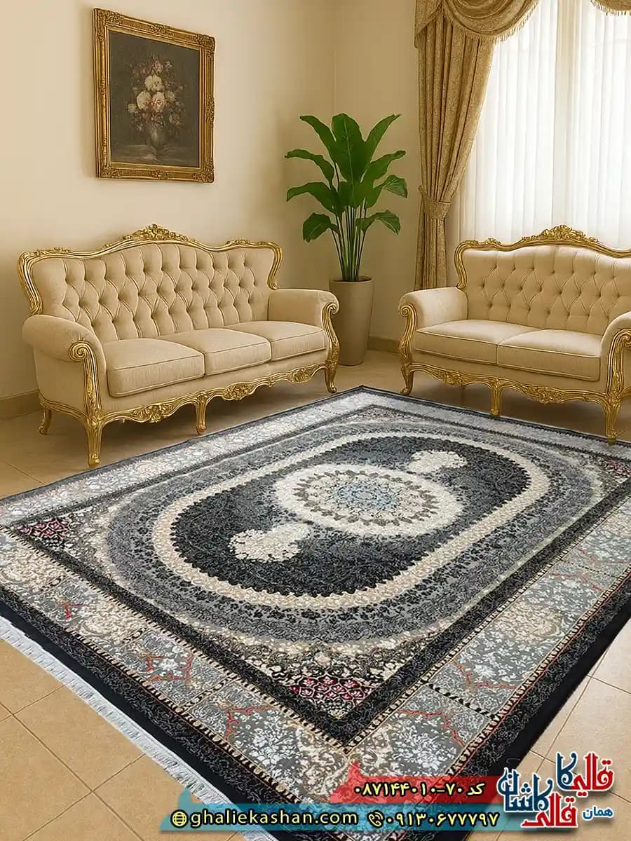 فرش ارزان طرح 700 شانه طرح صدرا رنگ مشکی سرمه ای کاشان
