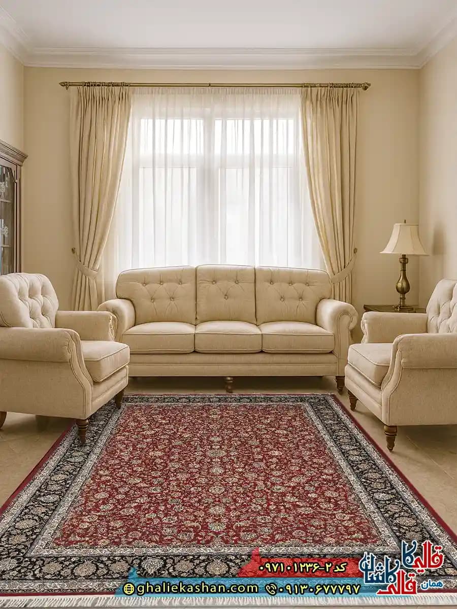 فرش 1200 شانه طرح افشان کاشان رنگ قرمز لاکی