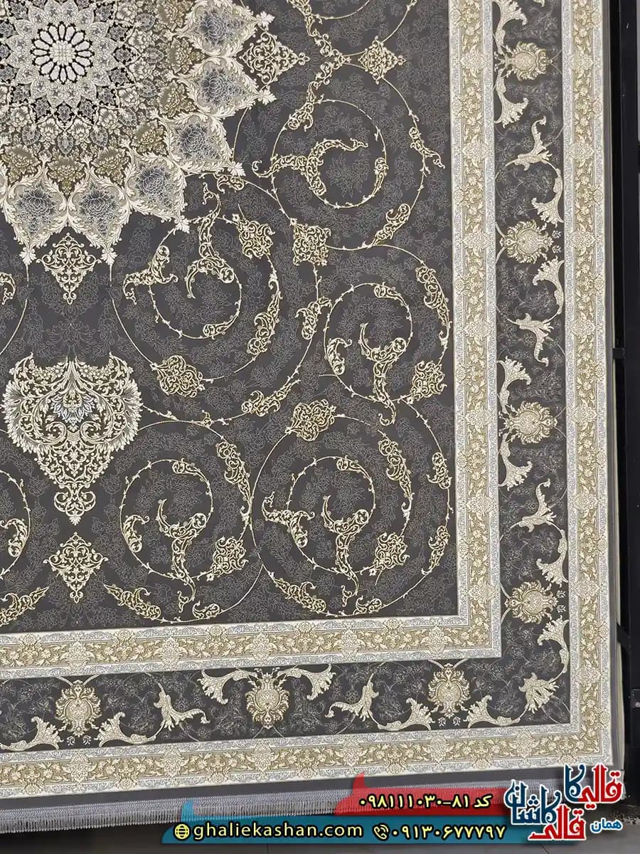 فرش طلاکوب 1000 شانه طرح آذر رنگ طوسی دودی گل برجسته کاشان — تصویر ۲