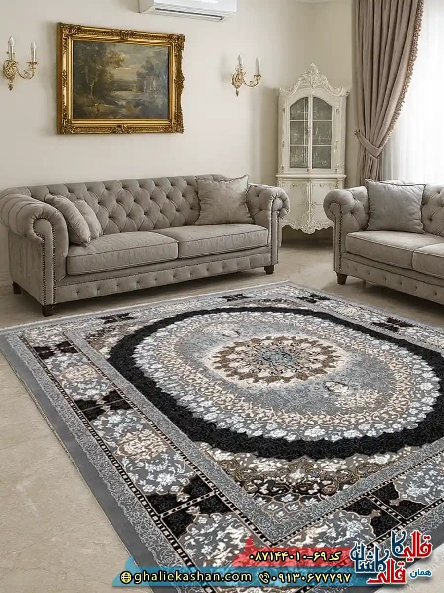 فرش ارزان طرح 700 شانه طرح صدرا رنگ طوسی فیلی کاشان