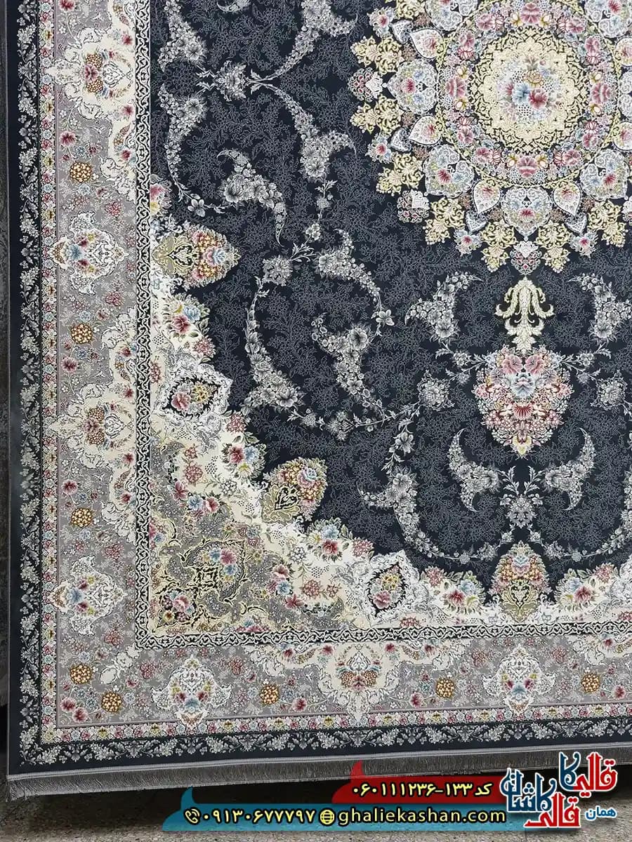 فرش طلاکوب 1200 شانه طرح نگین رنگ مشکی زغالی کاشان — تصویر ۲