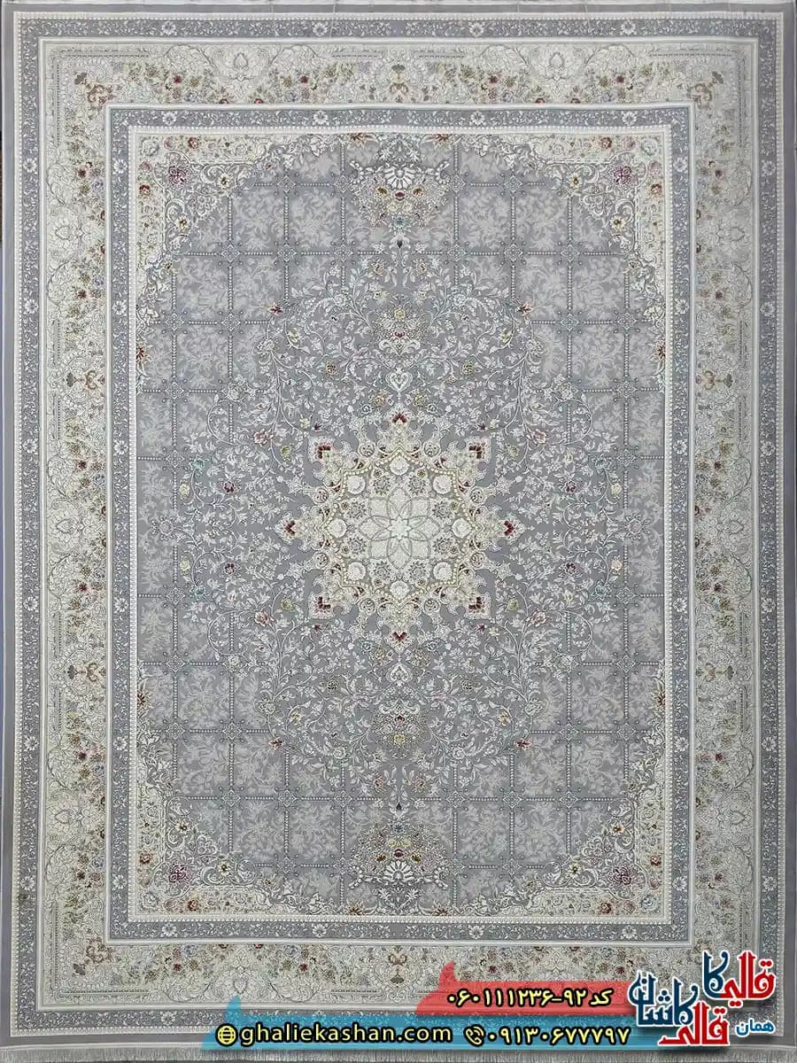 فرش 1200 شانه خشتی طرح دلبر رنگ طوسی نقره ای گل برجسته کاشان — تصویر ۲