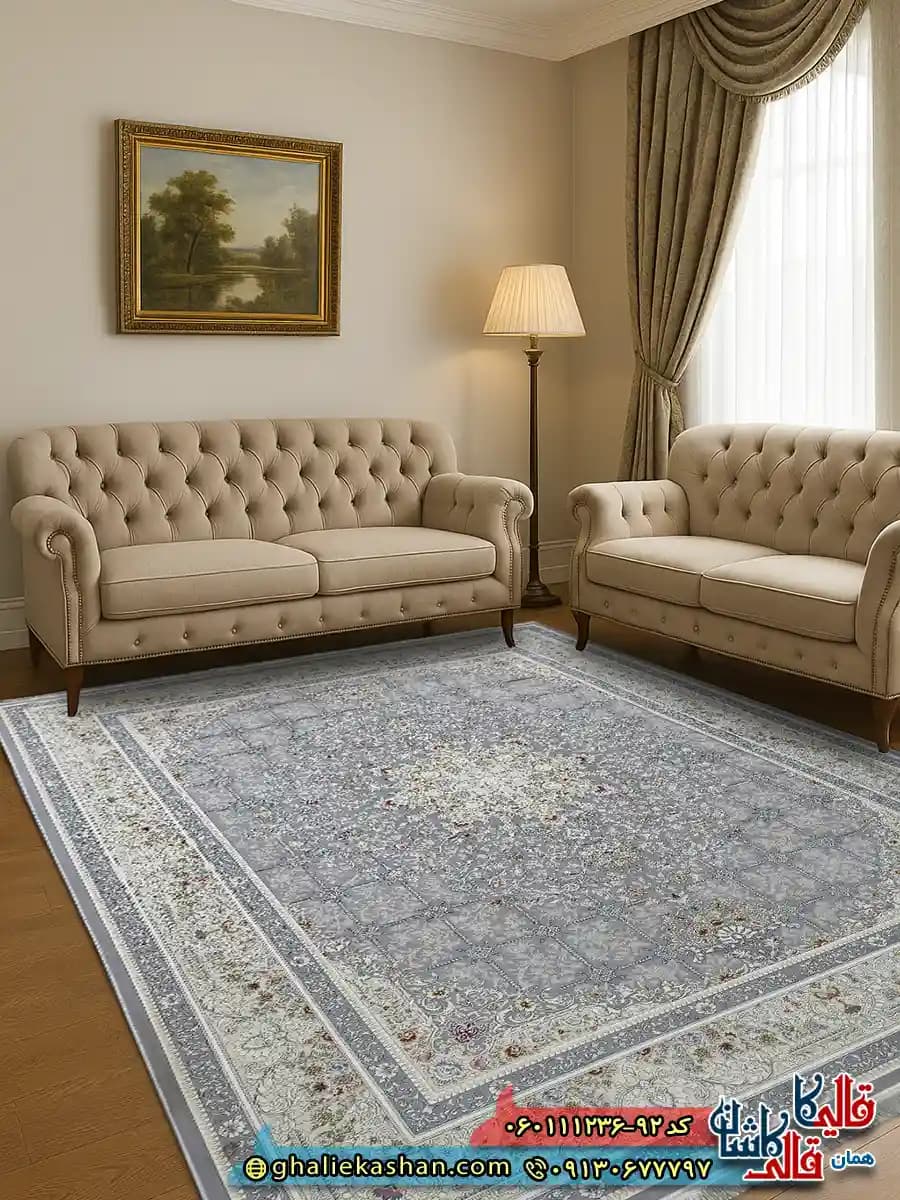 فرش 1200 شانه خشتی طرح دلبر رنگ طوسی نقره ای گل برجسته کاشان
