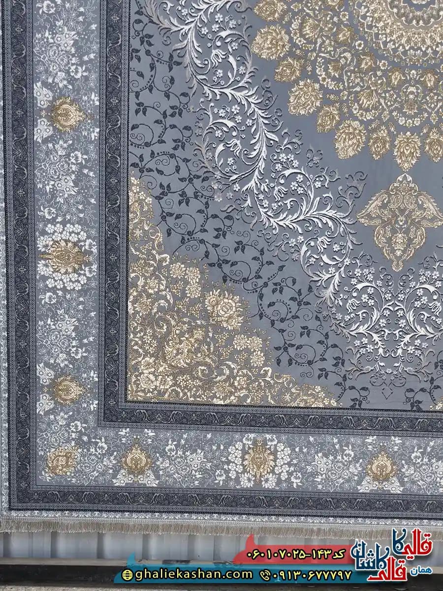 فرش طلاکوب 700 شانه طرح مهناز رنگ طوسی نقره ای کاشان — تصویر ۳