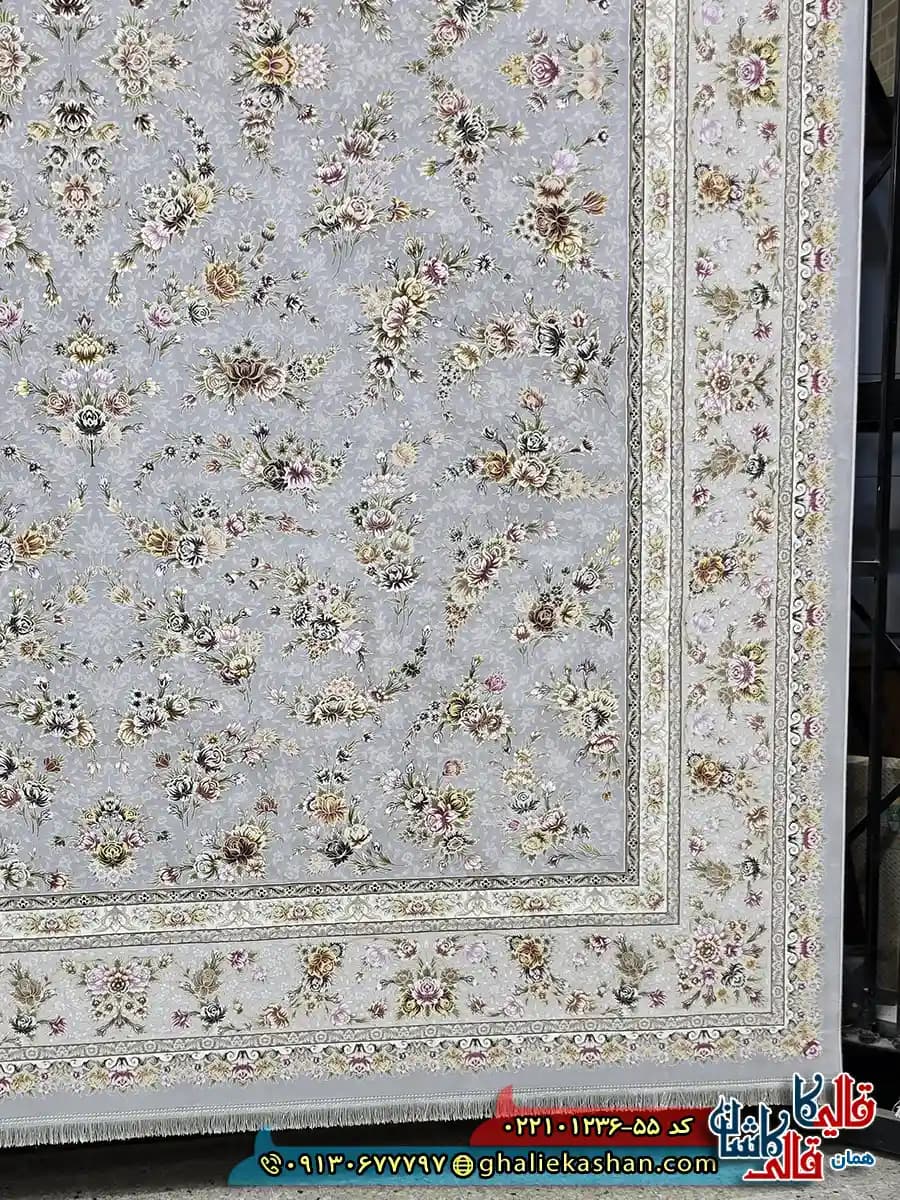 فرش 1200 شانه طرح افشان ساحل رنگ طوسی کاشان — تصویر ۲