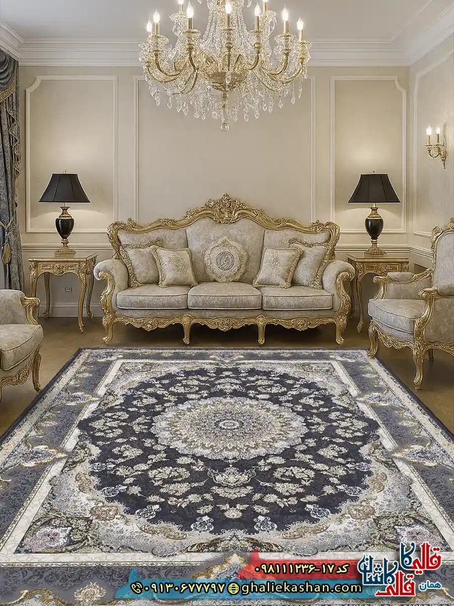 فرش طلاکوب 1200 شانه طرح شکوه رنگ طوسی دودی گل برجسته کاشان