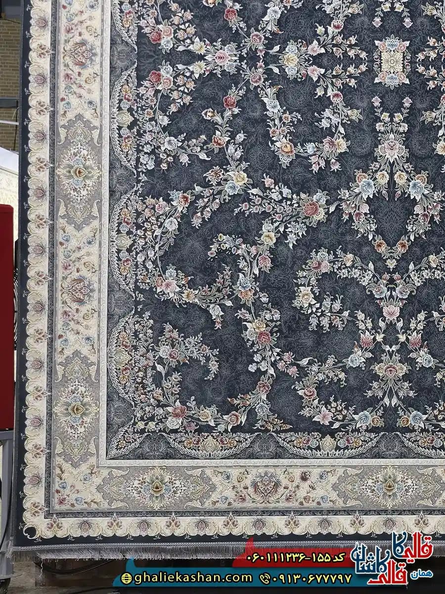 فرش 1200 شانه طرح افشان سارگل رنگ طوسی دودی گل برجسته کاشان — تصویر ۳