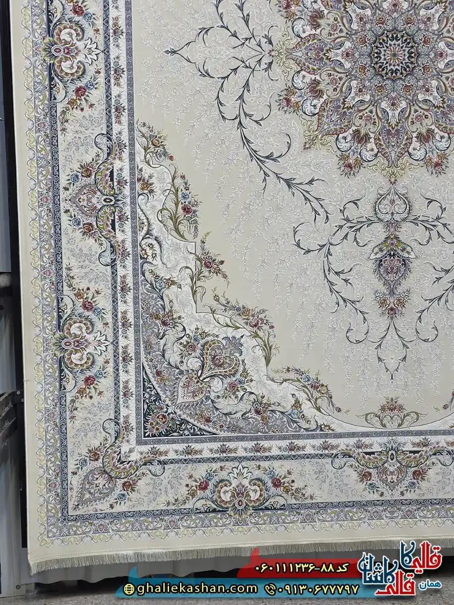 فرش 1200 شانه طرح حدیث رنگ کرم گل برجسته کاشان — تصویر ۳