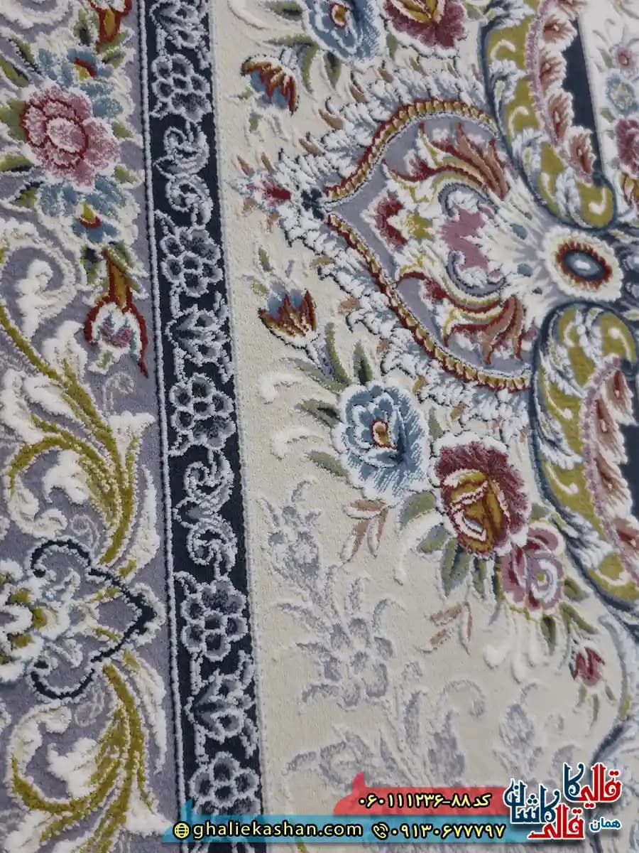 فرش 1200 شانه طرح حدیث رنگ کرم گل برجسته کاشان — تصویر ۵