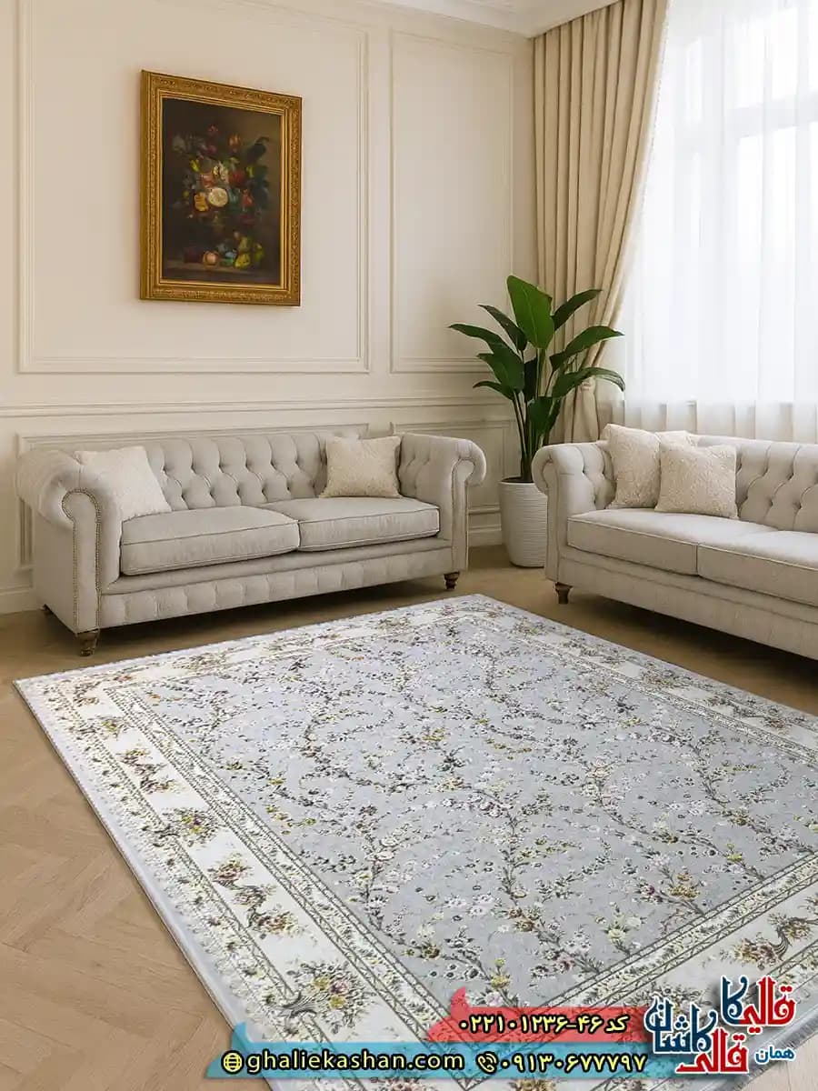 فرش لایت 1200 شانه طرح افشان آیکان رنگ طوسی کاشان
