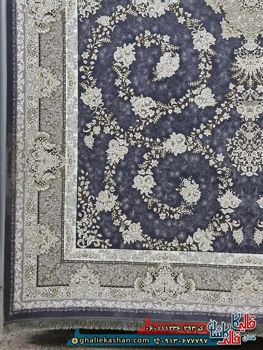 فرش طلاکوب 1200 شانه طرح افشان سوگل رنگ طوسی دلفینی گل برجسته کاشان — تصویر ۳