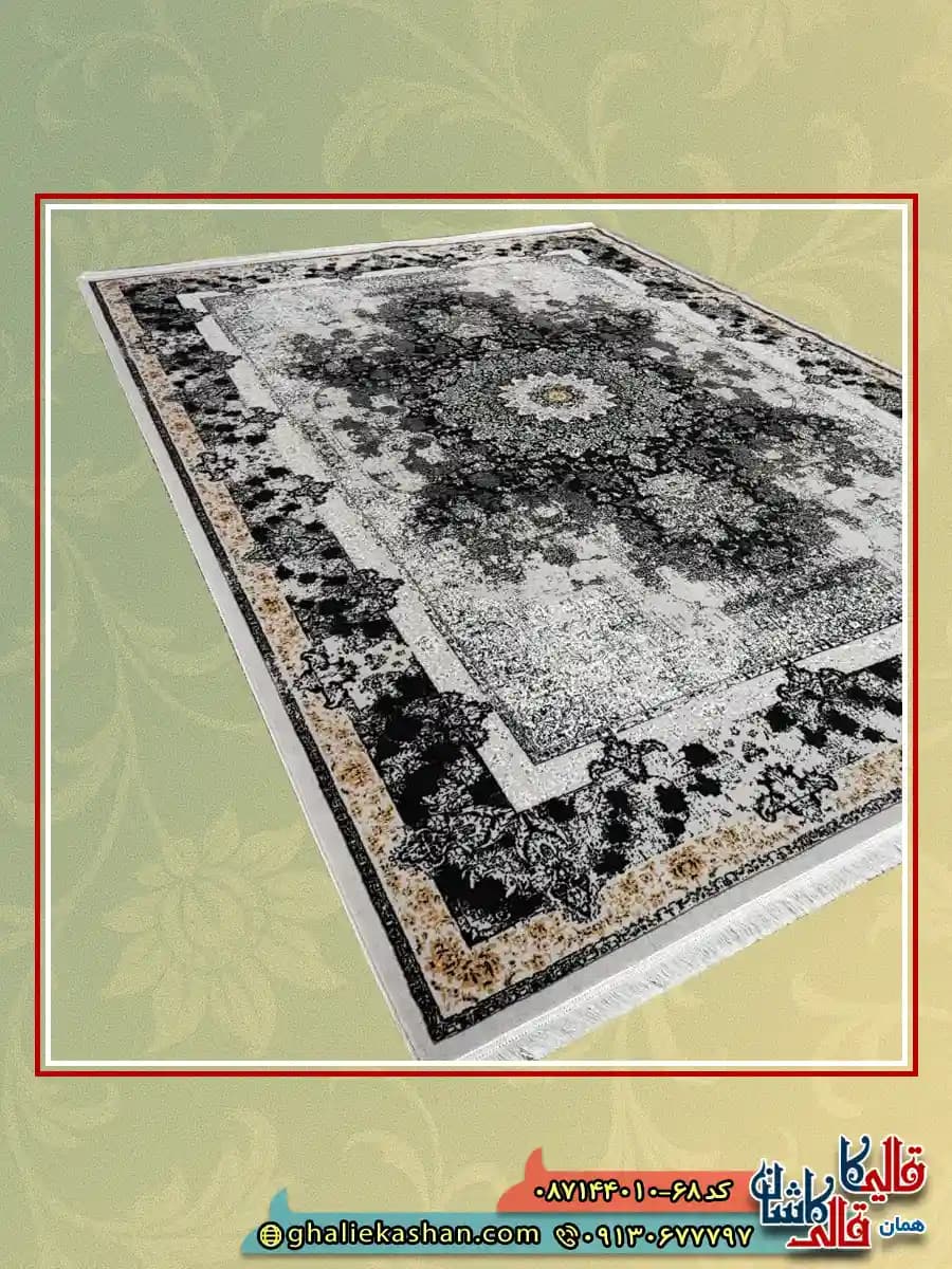 فرش ارزان وینتیج طرح 700 شانه طرح شیرین رنگ طوسی نقره ای کاشان — تصویر ۲