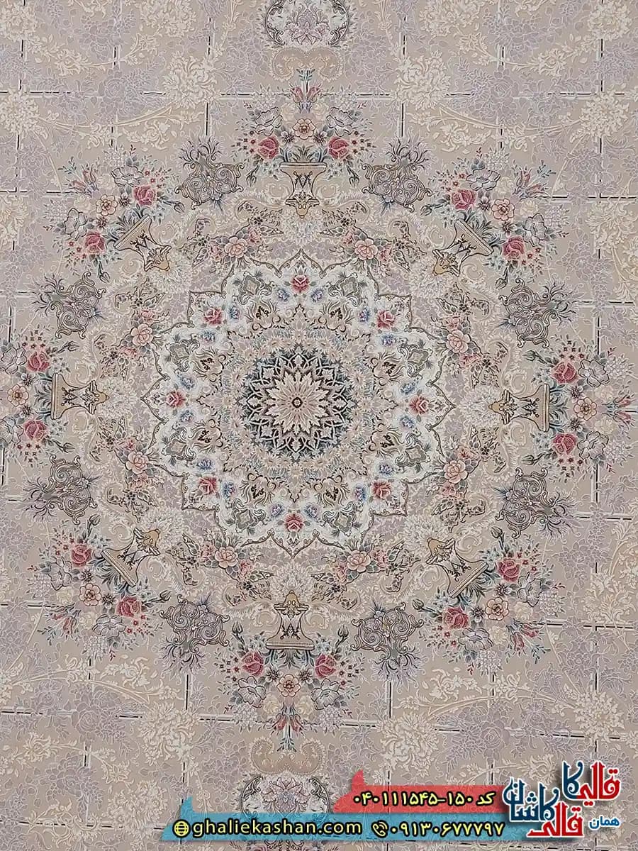 فرش طلاکوب 1500 شانه خشتی طرح زرنگار رنگ طوسی سیلور کاشان — تصویر ۴
