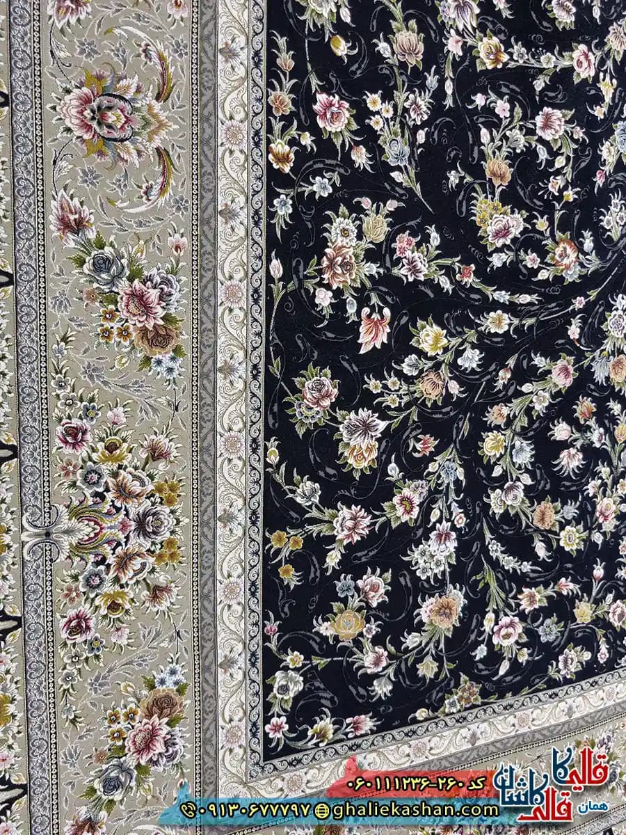 فرش کلاسیک 1200 شانه طرح افشان یونا رنگ سرمه ای گل برجسته کاشان — تصویر ۴