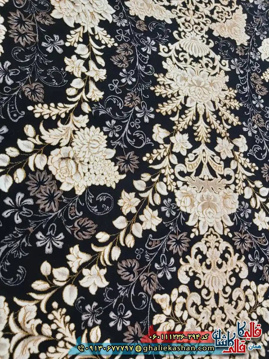 فرش طلاکوب 1200 شانه طرح افشان سوگل رنگ سرمه ای گل برجسته کاشان — تصویر ۵