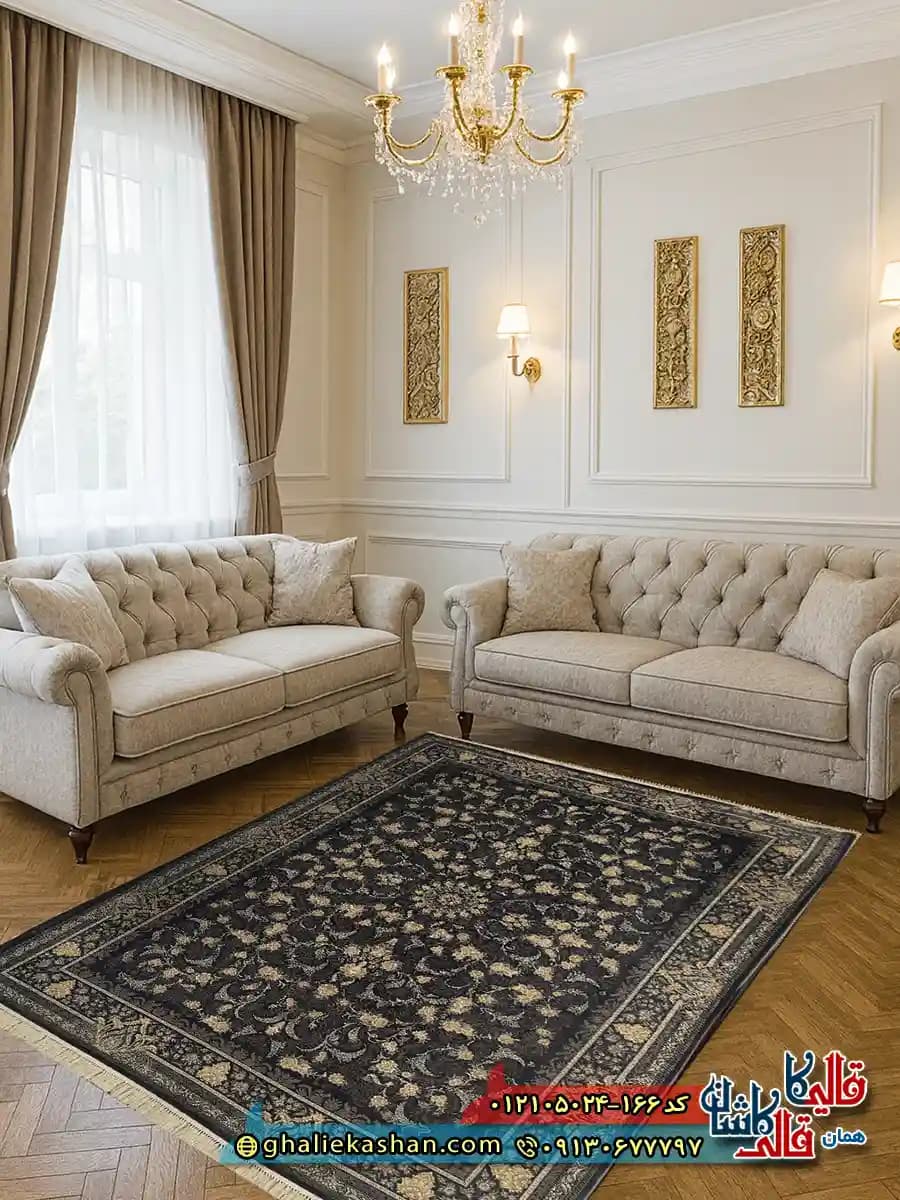 فرش طرح 700 شانه طرح افشان لیان رنگ طوسی دودی کاشان