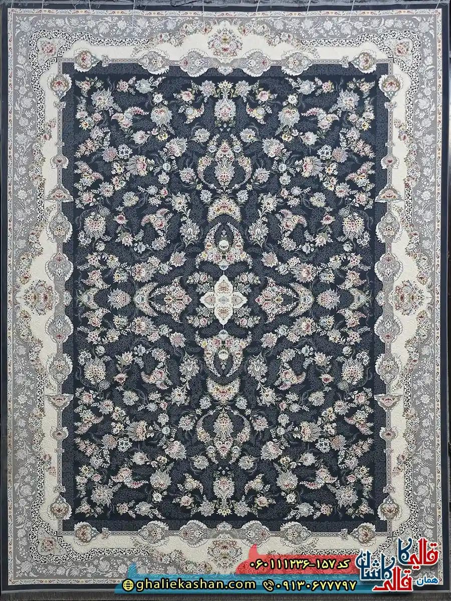 فرش کلاسیک 1200 شانه طرح افشان سوسن رنگ طوسی دودی گل برجسته کاشان — تصویر ۲