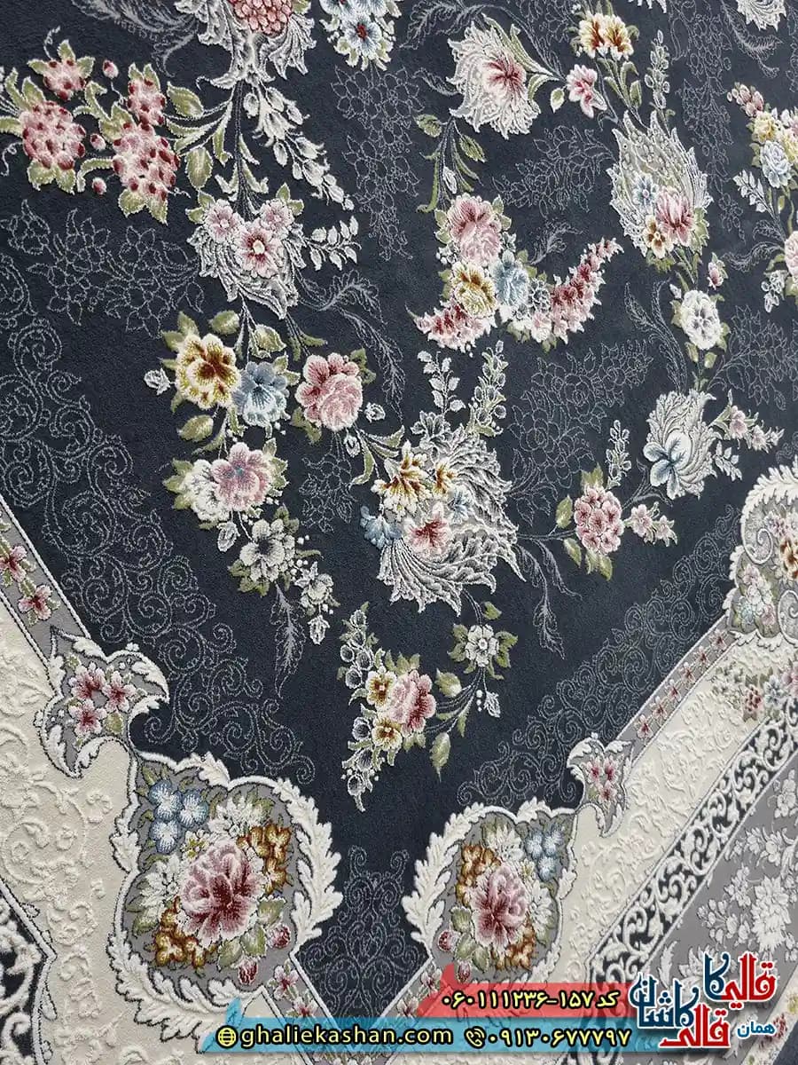 فرش کلاسیک 1200 شانه طرح افشان سوسن رنگ طوسی دودی گل برجسته کاشان — تصویر ۶