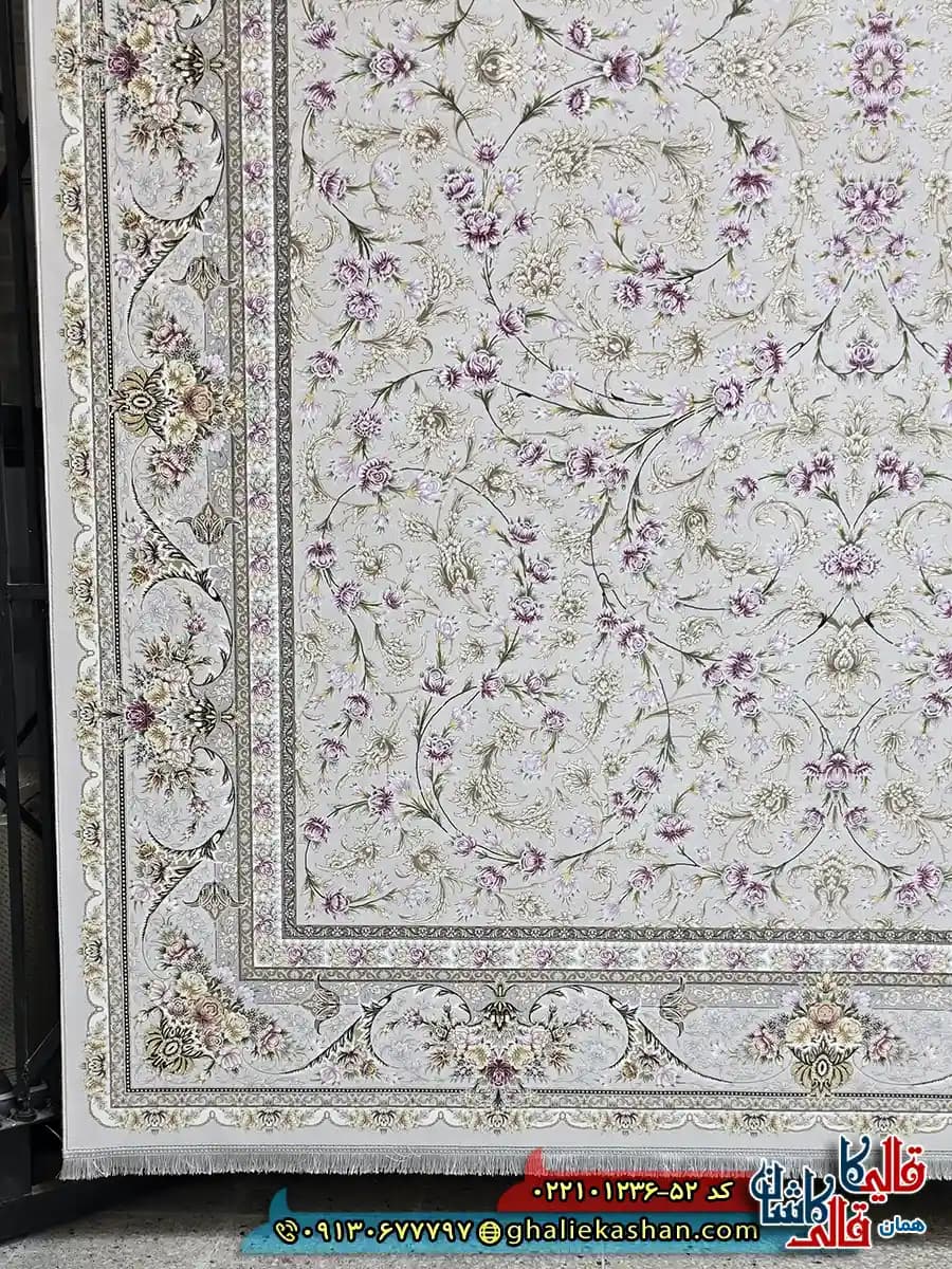 فرش ترکیه ای 1200 شانه طرح افشان پاوان رنگ طوسی سیلور کاشان — تصویر ۲