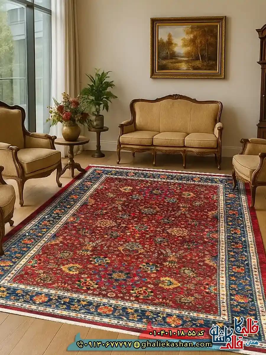 فرش سنتی 1000 شانه طرح افشان اسماعیلی زمینه قرمز لاکی کاشان