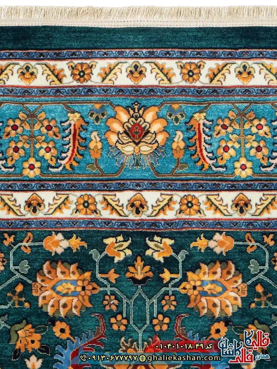 فرش سنتی 1000 شانه طرح افشان سلطانی زمینه سبز کاشان — تصویر ۴