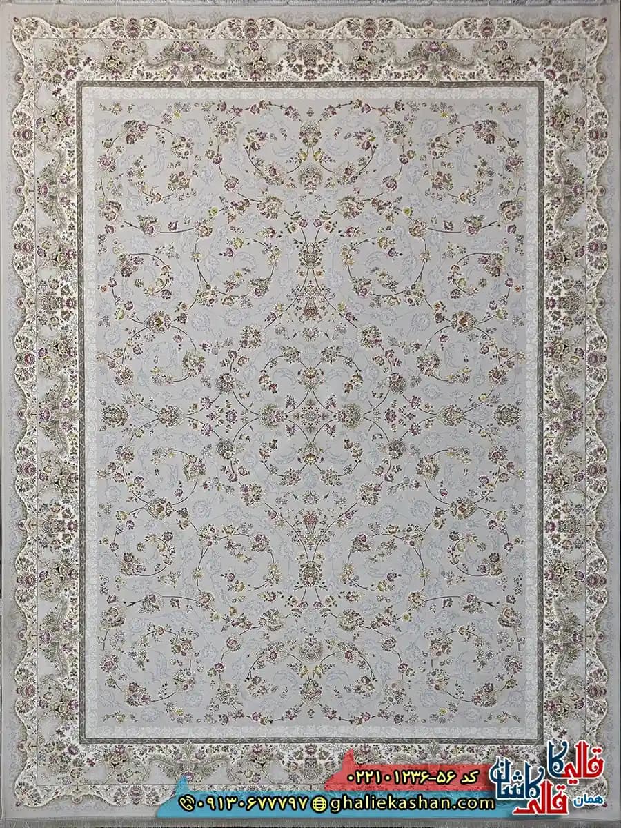فرش 1200 شانه طرح افشان شاهرخ رنگ طوسی سیلور کاشان
