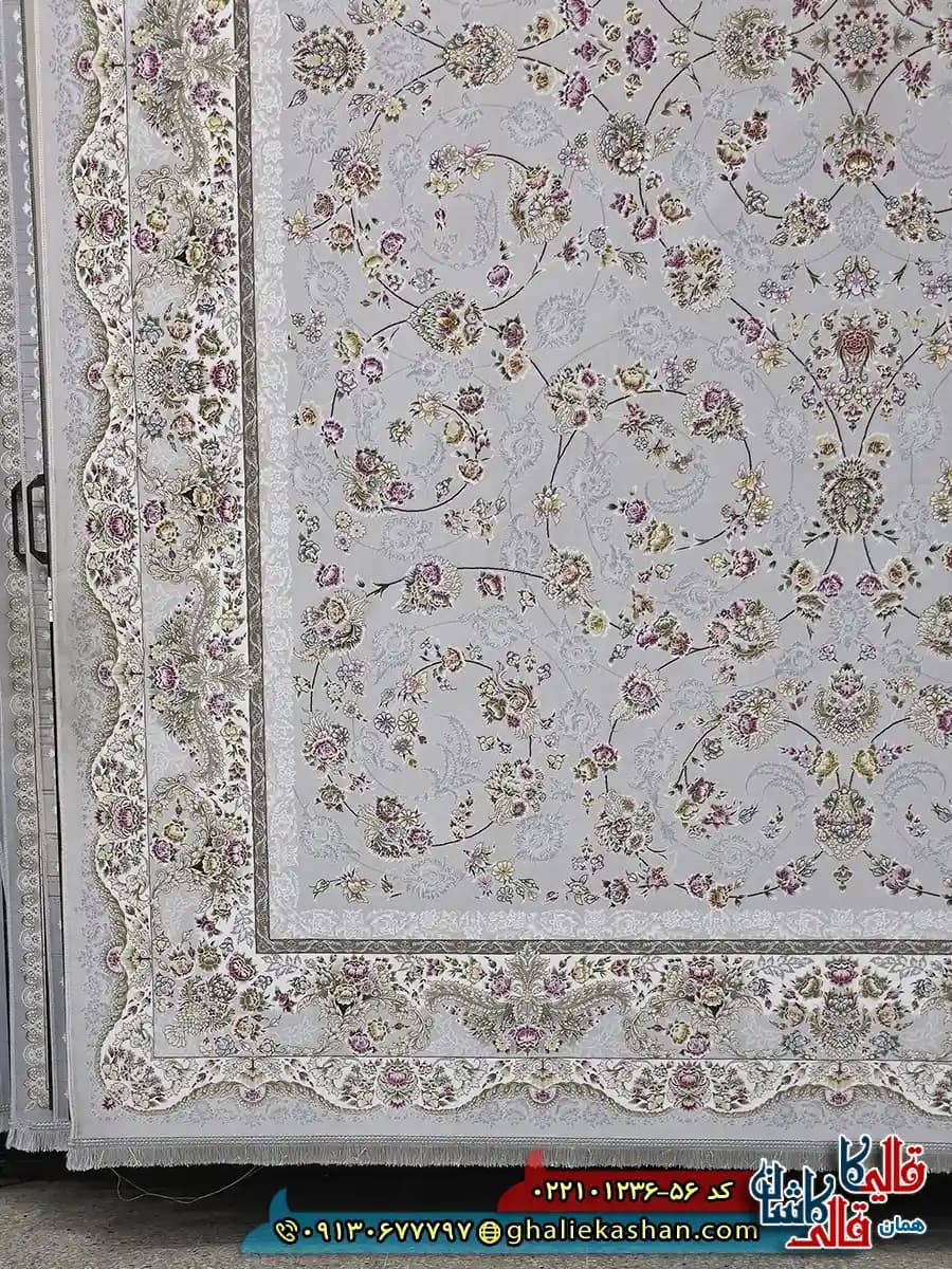 فرش 1200 شانه طرح افشان شاهرخ رنگ طوسی سیلور کاشان — تصویر ۲