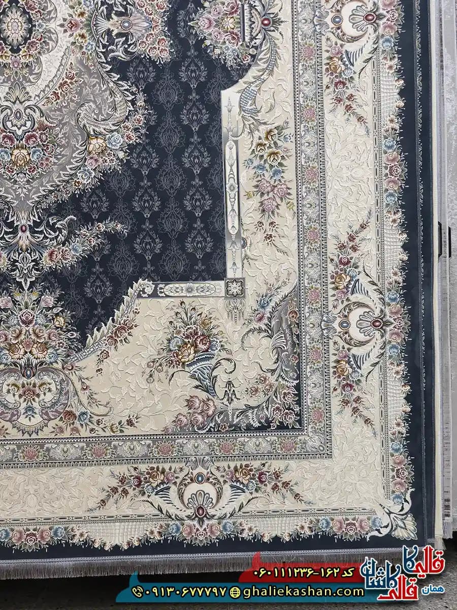 فرش 1200 شانه طرح فرانک رنگ طوسی دودی گل برجسته کاشان — تصویر ۳