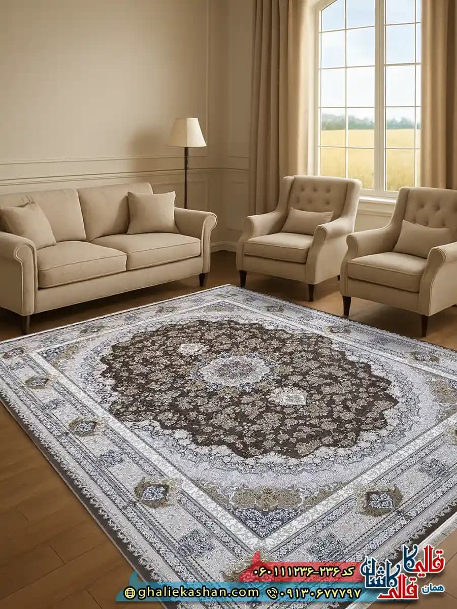 فرش طلاکوب 1200 شانه طرح پونه رنگ قهوه ای شکلاتی گل برجسته کاشان