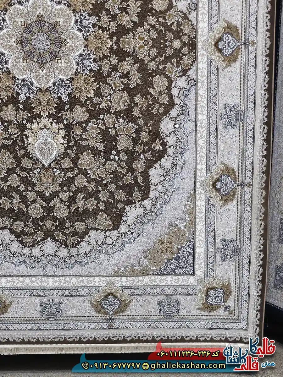 فرش طلاکوب 1200 شانه طرح پونه رنگ قهوه ای شکلاتی گل برجسته کاشان — تصویر ۳