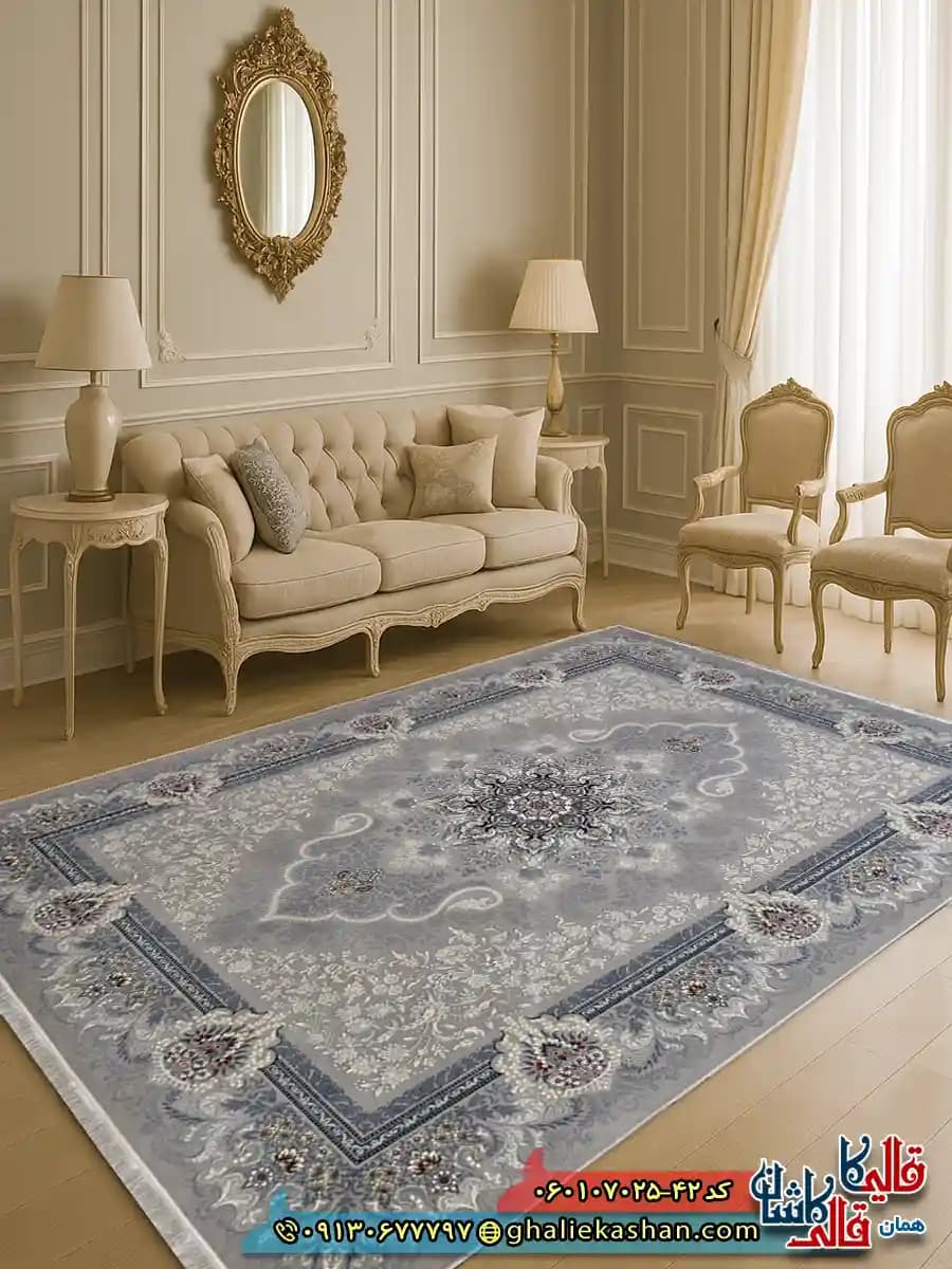 فرش کلاسیک 700 شانه طرح دنیز رنگ فیلی ترمه ای کاشان