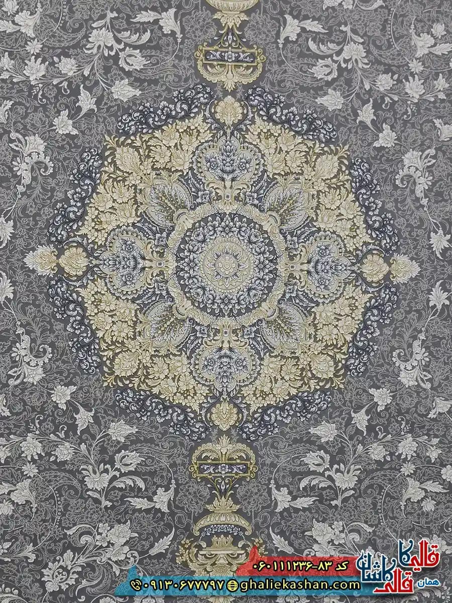 فرش طلاکوب 1200 شانه طرح ترلان رنگ طوسی نقره ای گل برجسته کاشان — تصویر ۴