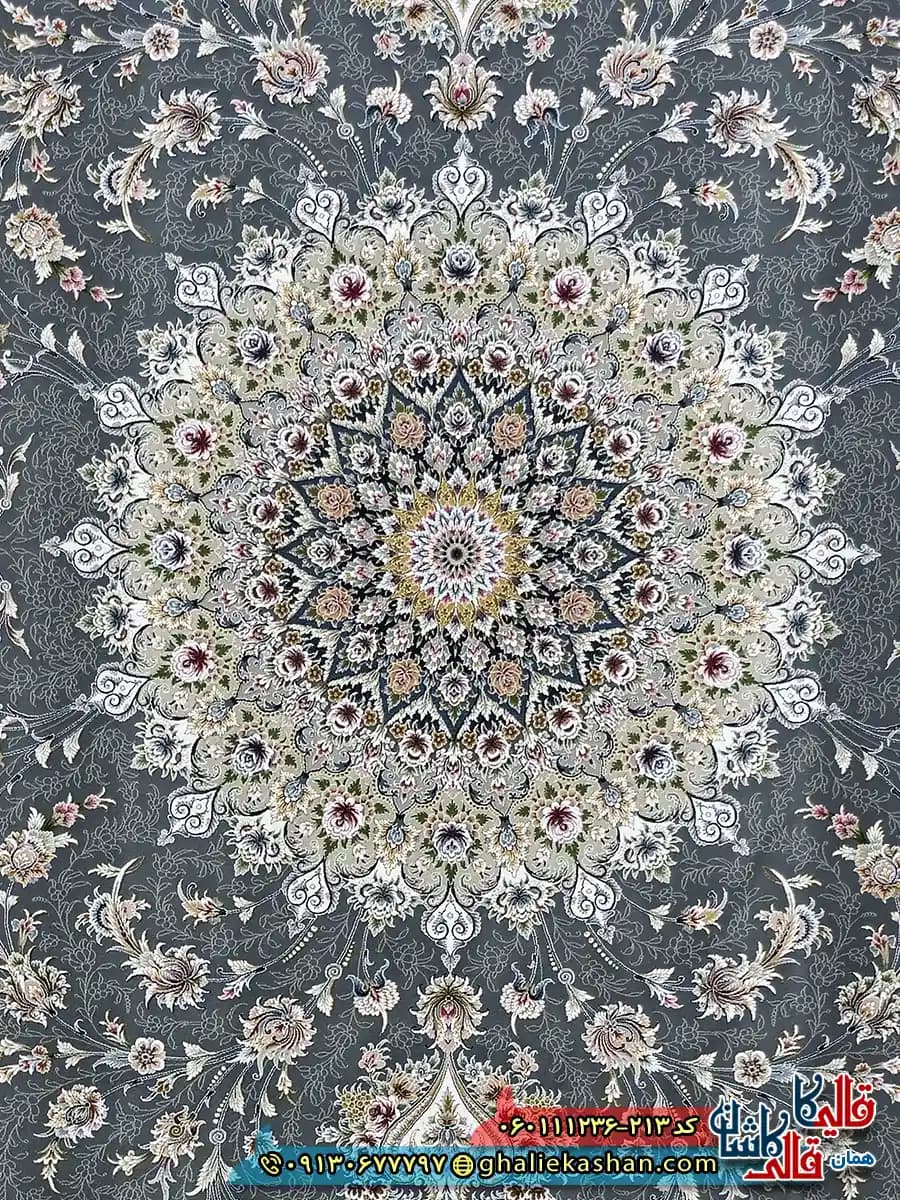 فرش 1200 شانه طرح بردیا رنگ طوسی دودی گل برجسته کاشان — تصویر ۳