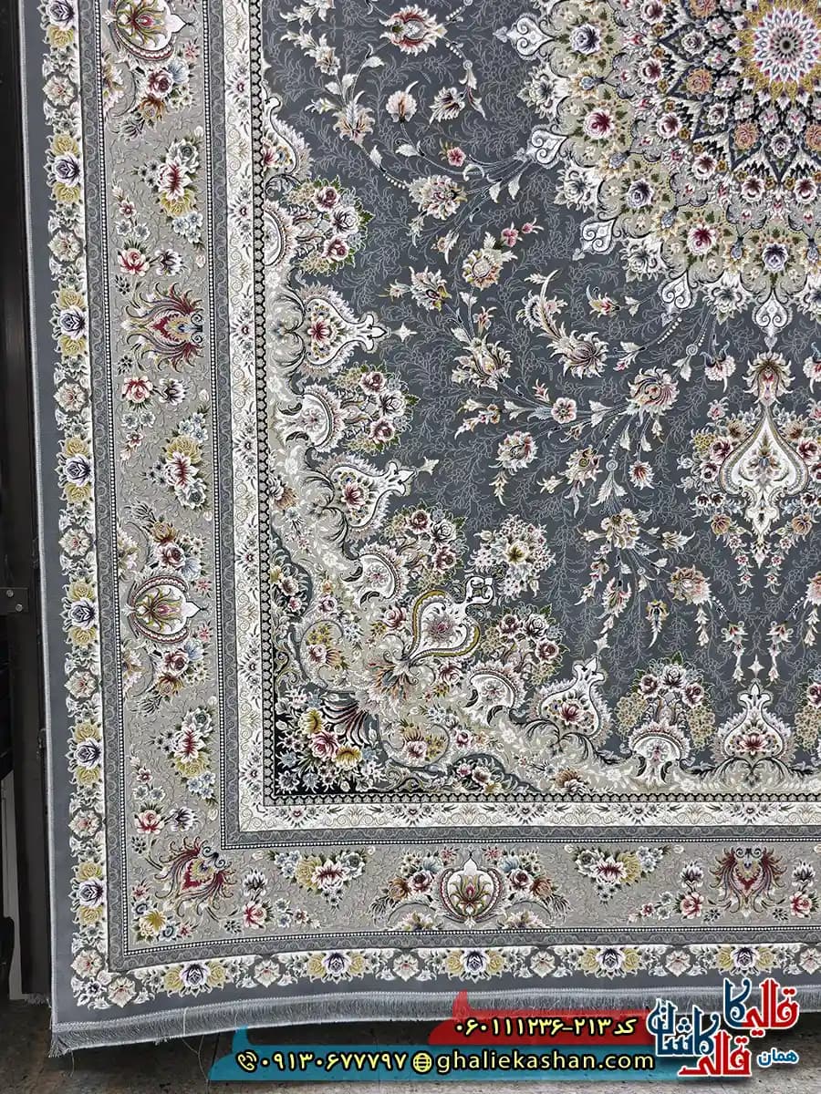 فرش 1200 شانه طرح بردیا رنگ طوسی دودی گل برجسته کاشان — تصویر ۲