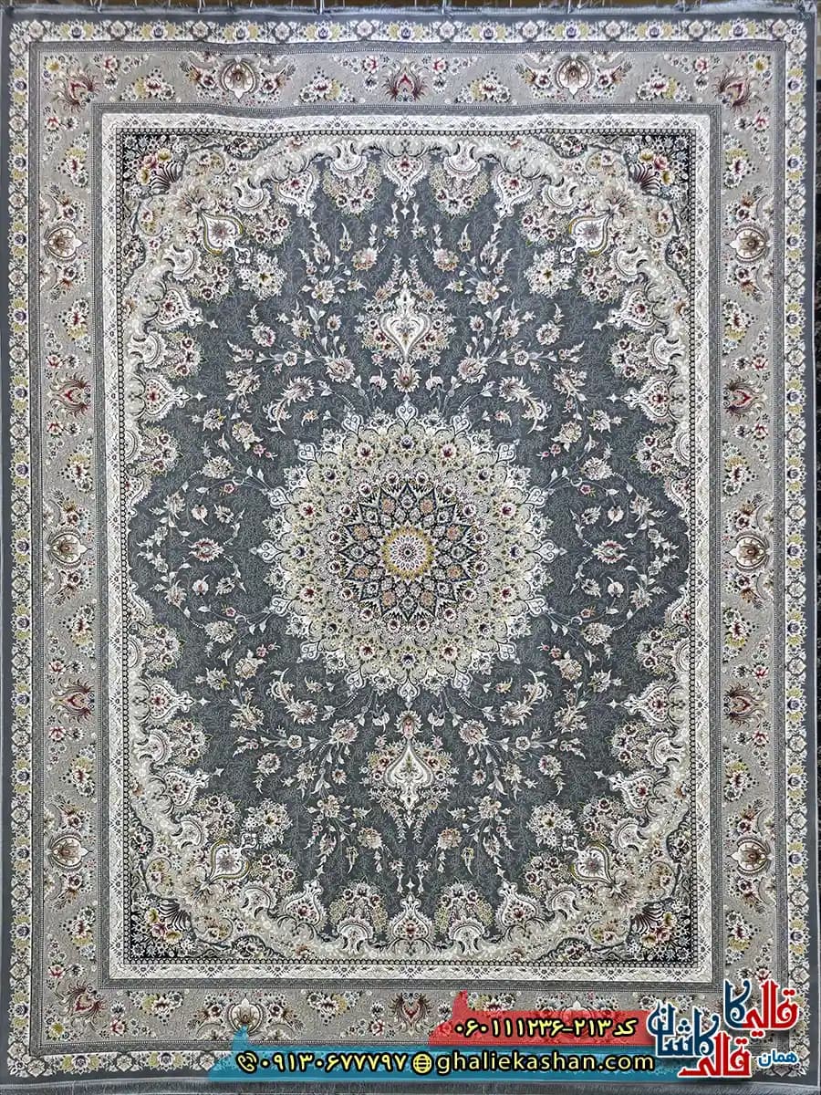 فرش 1200 شانه طرح بردیا رنگ طوسی دودی گل برجسته کاشان