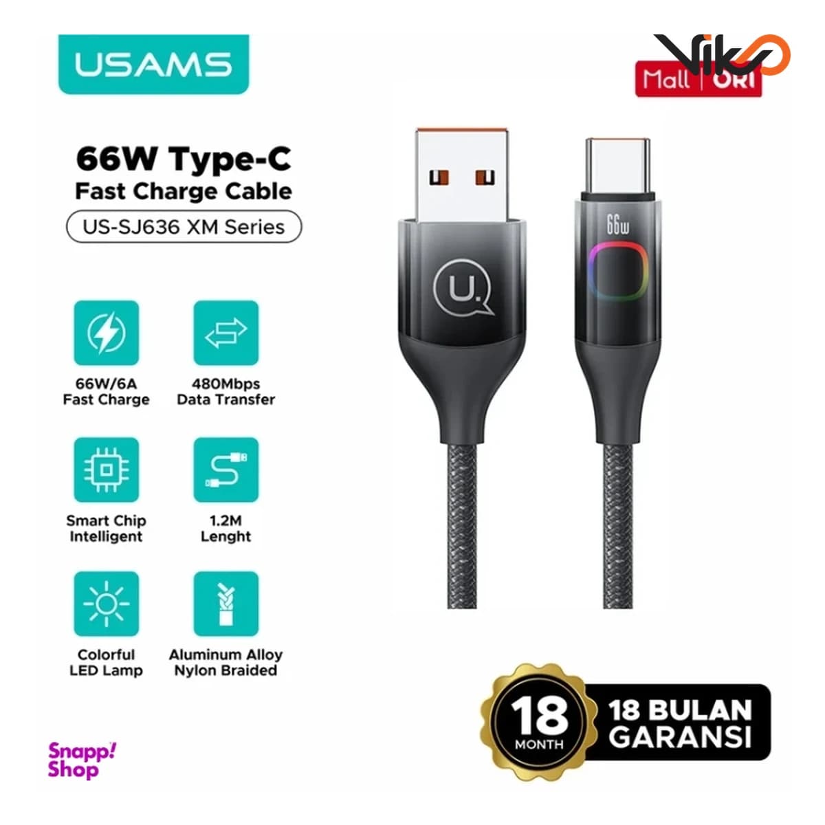 کابل تبدیل USB به Type-C یوسمز مدل US-SJ636 طول 1.2 متر — تصویر ۲