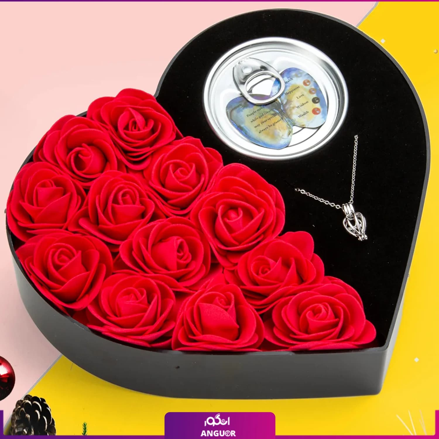 باکس گل قلبی رز قرمز با گردنبند مروارید عشق