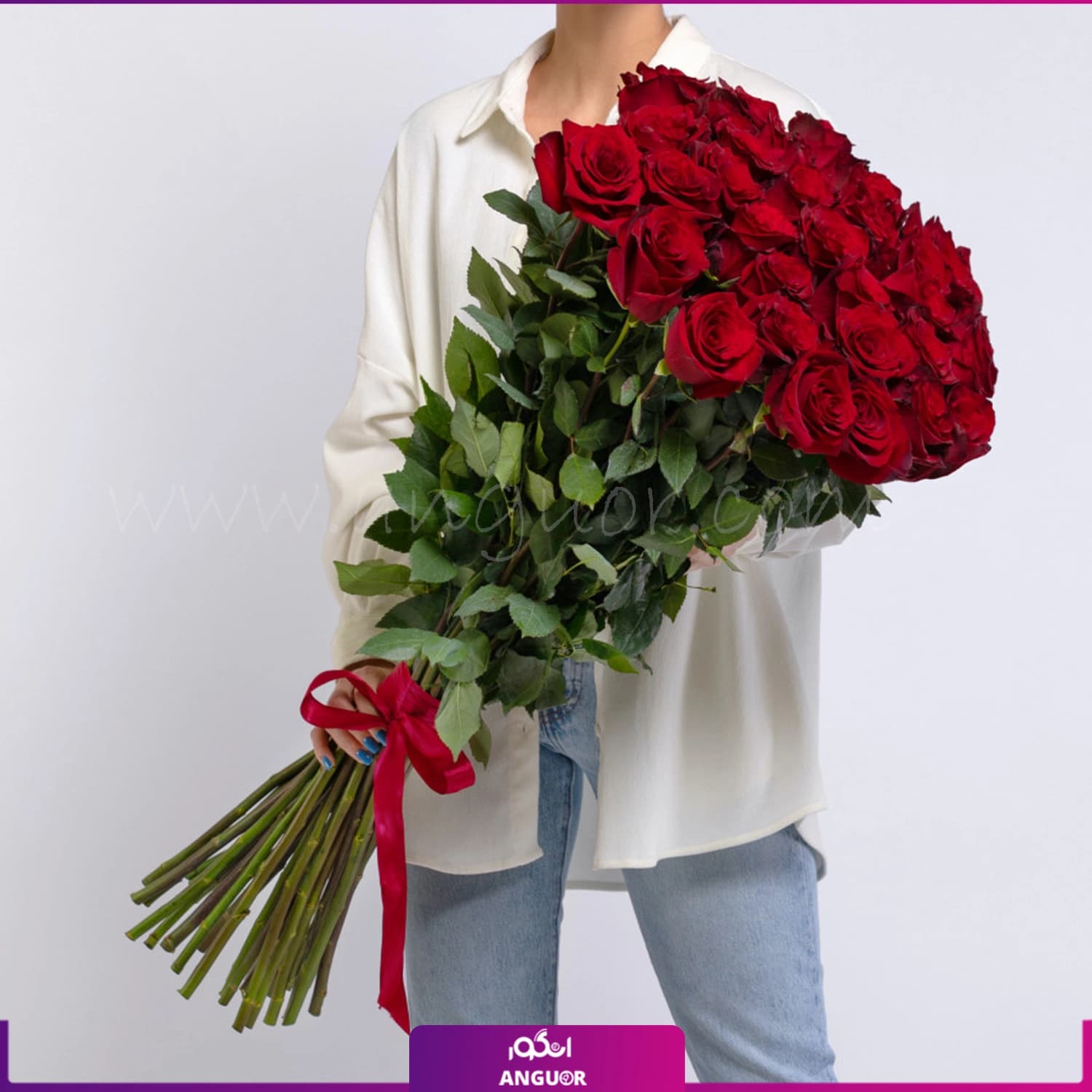 دسته گل 35 شاخه رز قرمز 100 سانتی (سوپر ممتاز هلندی)