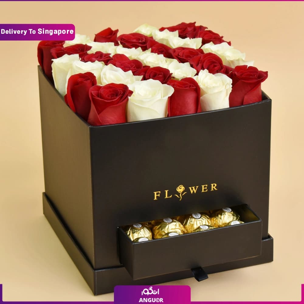 باکس گل رز + شکلات ولنتاین (تحویل در سنگاپور)