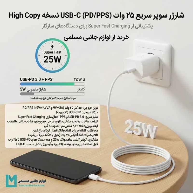کلگی شارژر ۲۵ وات سامسونگ (طرح اصلی – High Copy) | اقتصادی — تصویر ۳