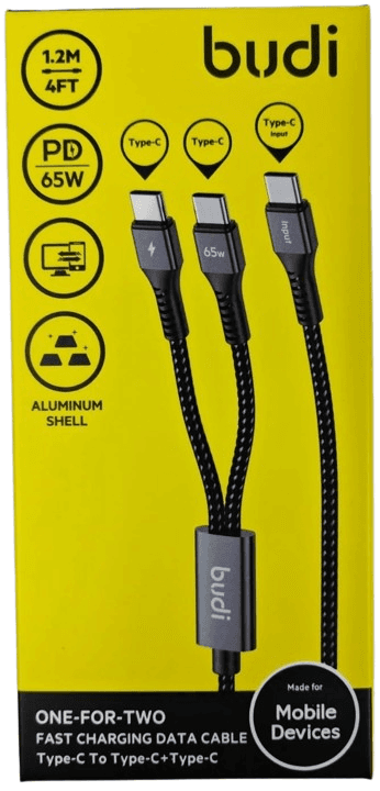 کابل شارژ و دیتا کنفی Type-C به دو Type-C فست PD 65W 1.2m بودی مدل DC210C2C12B با گارانتی 18 ماهه (6 ماه تعویض) — تصویر ۳