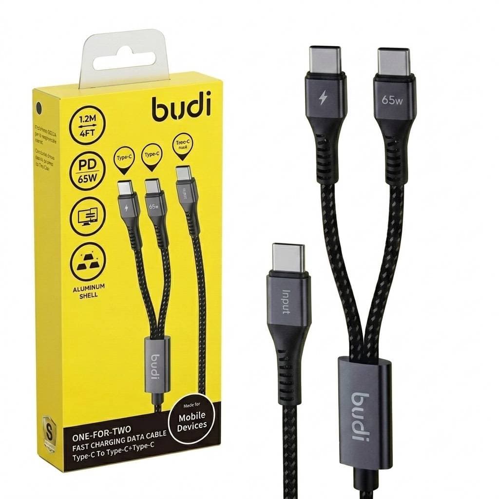 کابل شارژ و دیتا کنفی Type-C به دو Type-C فست PD 65W 1.2m بودی مدل DC210C2C12B با گارانتی 18 ماهه (6 ماه تعویض)